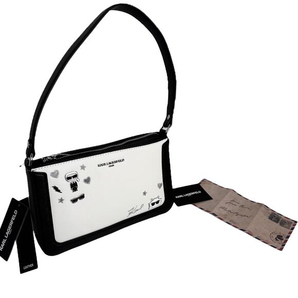 Karl Lagerfeld LEATHER SHOULDER BAG Black & White Handbag Mini Purse 10"x6" NWT! - Picture 1 of 16